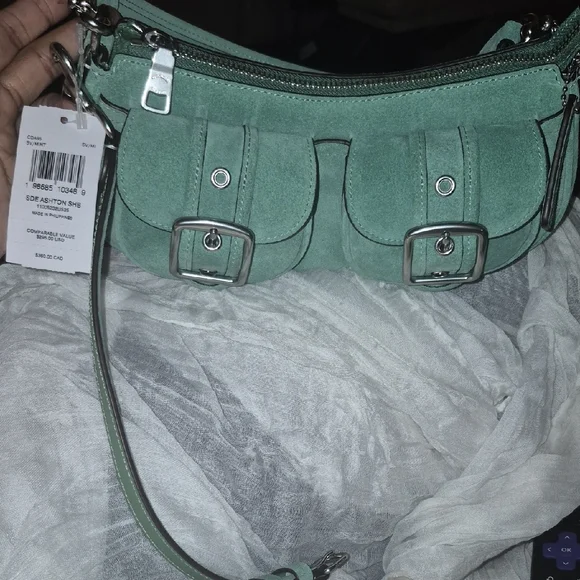 Coach Ashton Mint Green Suede Shoulder Bag with Buckle Pockets NWT - Picture 2 of 11
